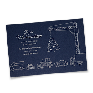 Vergrößere Abbildung Dunkelblaue Weihnachtskarte im Querformat mit Kran, Weihnachtsbaum, Fahrzeugen und silbernem Weihnachtsgruß.