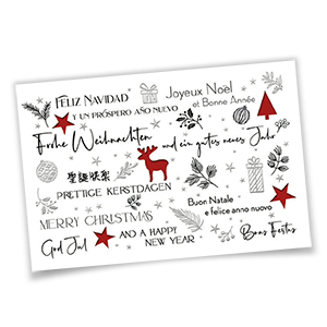 Vergrößere Abbildung Laser-Weihnachtskarte im Querformat mit internationalen Grüßen, silberner Prägung und blauem Einlegeblatt