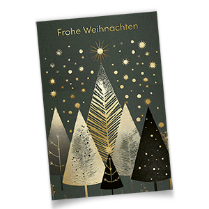Vergrößere Abbildung Dunkelgrüne Weihnachtskarte mit goldgeprägtem Frohe Weihnachten, Sternen und Bäumen auf Soft-Touch Oberfläche.