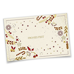 Vergrößere Abbildung Laser-Weihnachtskarten Festlicher Blütenregen aus cremeweißem Maispapierkarton mit filigraner Laserstanzung, Goldprägung Frohes Fest und Einlegeblatt in dunkelrot