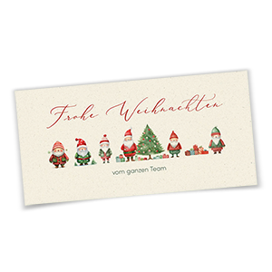 Vergrößere Abbildung Witzige Team-Weihnachtskarten für Unternehmen mit Weihnachtswichteln, geschmücktem Baum, Geschenken und Gruß Frohe Weihnachten vom ganzen Team