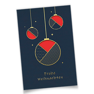 Vergrößere Abbildung Weihnachtskarten mit goldgeprägtem „Frohe Weihnachten“, formgestanzten Weihnachtskugeln und kleinen goldenen Sternen