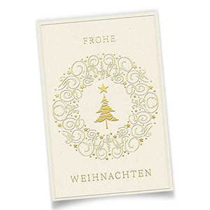 Vergrößere Abbildung Weihnachtskarten für Unternehmen aus Naturkarton mit goldenem Tannenbaum, festlichem Kranz und edler Blind- und Goldfolienprägung
